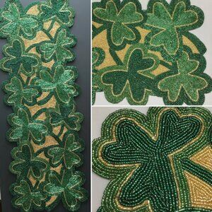 Storehouse Beaded Shamrock Clover Table Runner St Patricks Day Green Gold 13x36